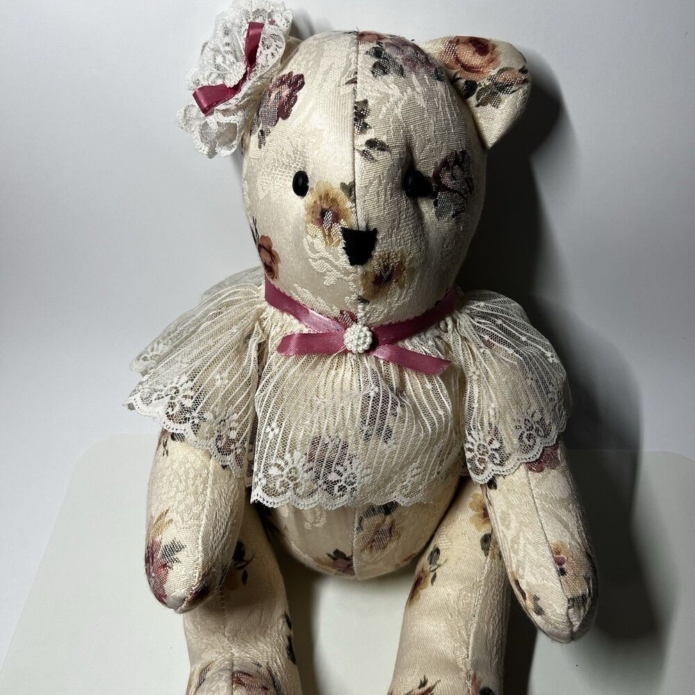 Vintage Floral Brocade Teddy Bear 17" Jointed Plush Lace Collar Ribbon Bow Cream